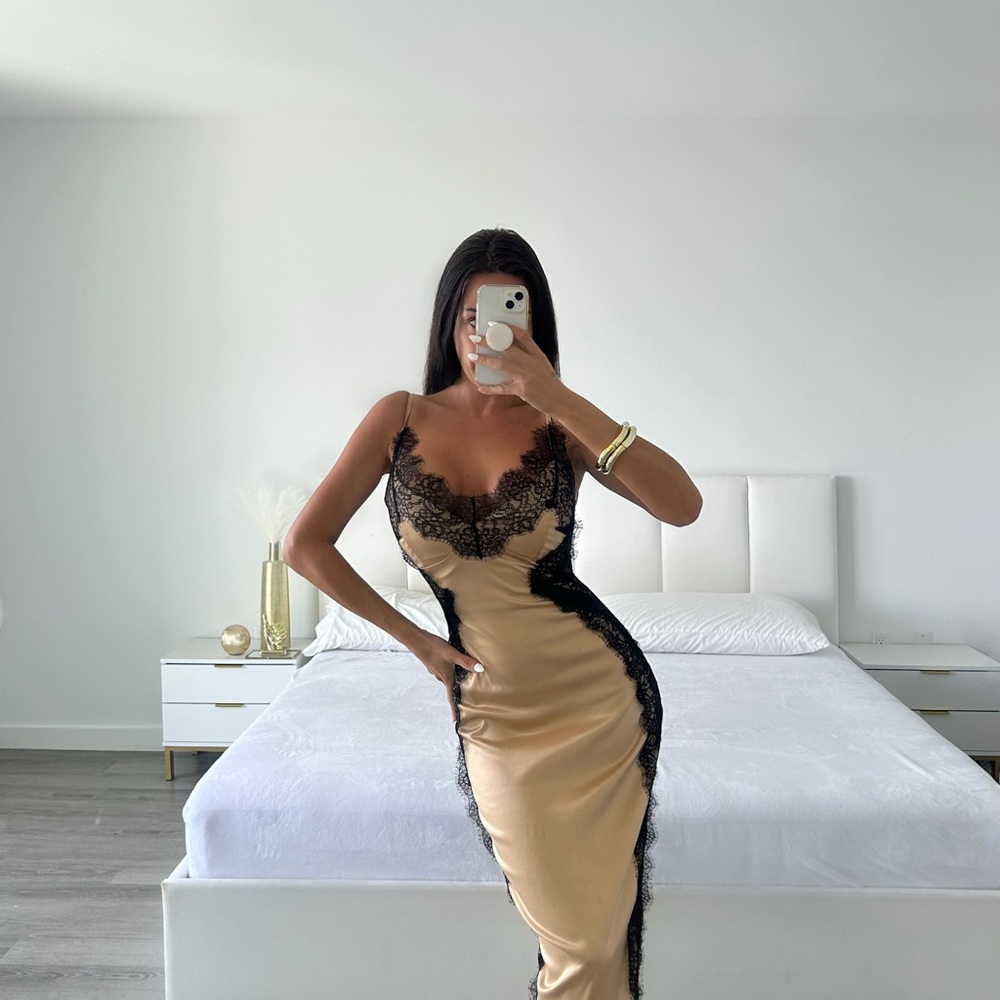 AKIRA Black and Tan Lace Midi Dress